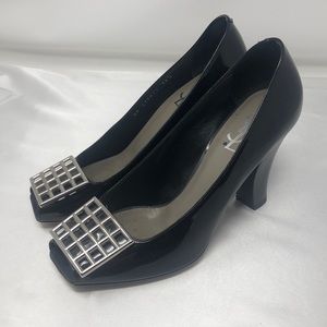 YSL Patent Black Silver detail heels